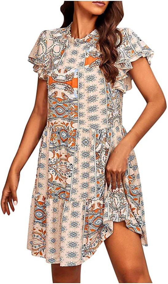 Women's 2023 Summer Dress Vintage Ethnic Style Printed Short Sleeved Beach Dress Fashion Ruffle Pleated Swing Holiday Dress