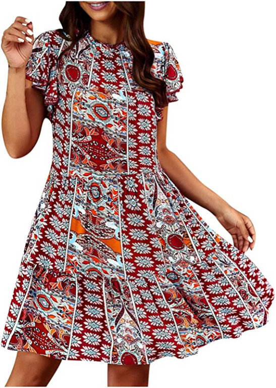 Women's 2023 Summer Dress Vintage Ethnic Style Printed Short Sleeved Beach Dress Fashion Ruffle Pleated Swing Holiday Dress