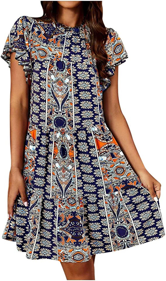 Women's 2023 Summer Dress Vintage Ethnic Style Printed Short Sleeved Beach Dress Fashion Ruffle Pleated Swing Holiday Dress