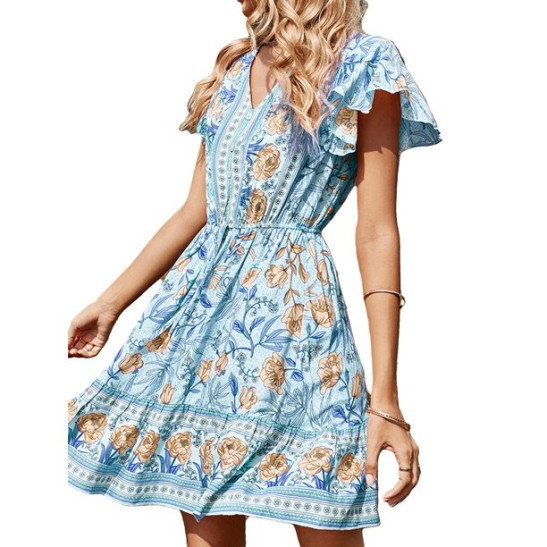 Women's Boho Print Dress Bohemian Vintage Floral Printed Dresses Ethnic Style Beach Dress Long Sleeve Casual Dress