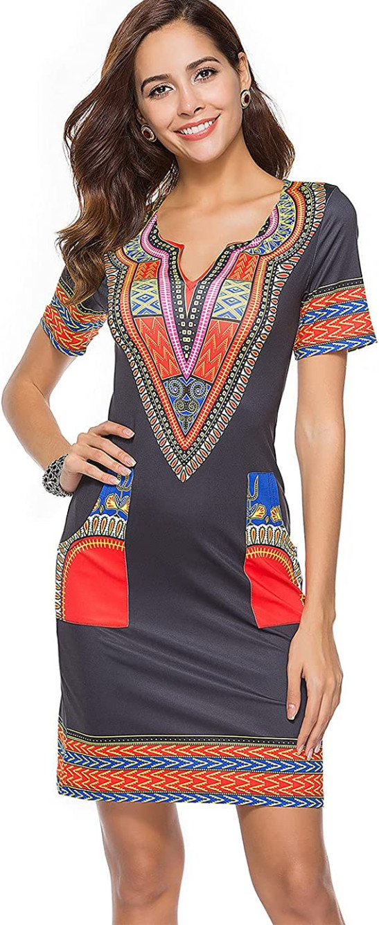 Women's Dashiki African Bodycon Dresses Bohemian Vintage Print Club Midi V-Neck Pockets