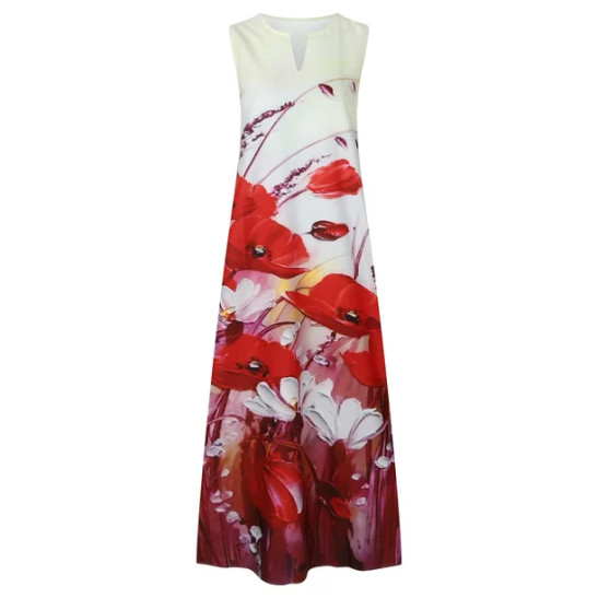 Women's Vintage Mexican Long Dress Western Ethnic Style Print Tank Dress V Neck Loose Sundress Elegant Casual Dresses