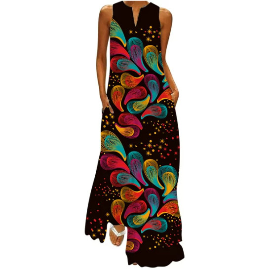 Women's Vintage Mexican Long Dress Western Ethnic Style Print Tank Dress V Neck Loose Sundress Elegant Casual Dresses