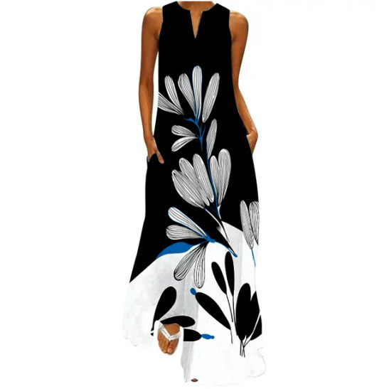 Women's Vintage Mexican Long Dress Western Ethnic Style Print Tank Dress V Neck Loose Sundress Elegant Casual Dresses