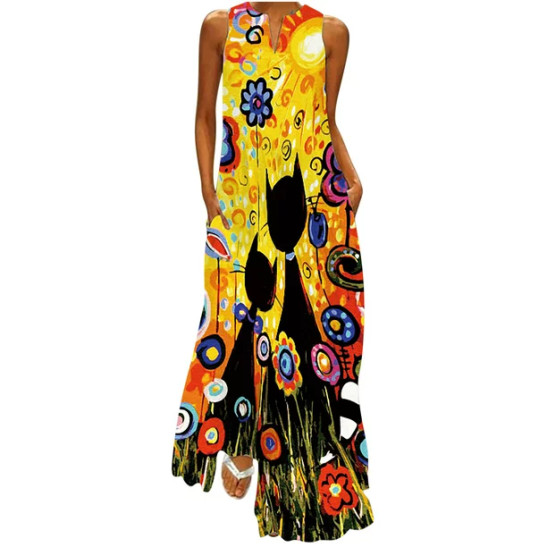 Women's Vintage Mexican Long Dress Western Ethnic Style Print Tank Dress V Neck Loose Sundress Elegant Casual Dresses