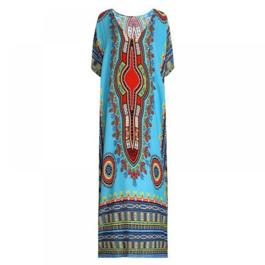 Wuffmeow Ladies' Sexy V-neck Bohemian Long Dress African Ethnic Print Beach Sundress Womens Summer Loose Vintage Kaftan Maxi Dresses