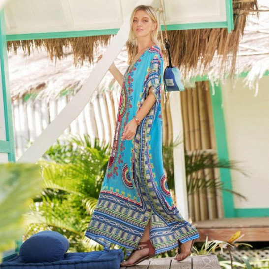 Wuffmeow Ladies' Sexy V-neck Bohemian Long Dress African Ethnic Print Beach Sundress Womens Summer Loose Vintage Kaftan Maxi Dresses