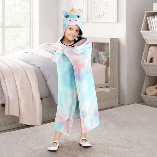 Your Zone Kids Hooded Super Soft Plush Unicorn Throw, 50" x 40", Multicolor, Polyester