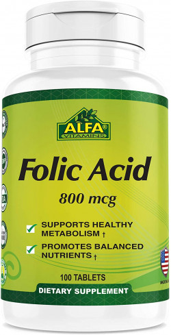 Alfa Vitamins Folic Acid 800 Mcg Dietary Supplement - Natural Folate, Helps Supports Cardiovascular Health, Metabolism, Brain, & Proper Development Of Fetus During Pregnancy - 100 Tablets