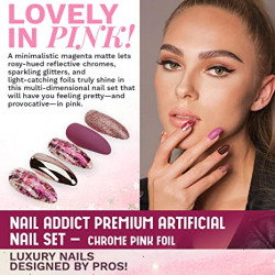Ardell Nail Addict Premium - Juego de uñas artificiales prémium, Lámina de color rosa chapado en cromo., Lámina de color rosa cromado.