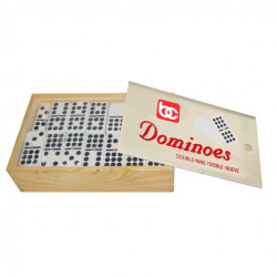 Bene Casa Hand Crafted Double Nine Dominoes Set In Wooden Storage Box, White Dominoes With Black Dots, Sliding Lid Domino Box, 55 Tile Domino Set