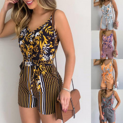 Casual Jumpsuit Overall Pants V Neck Sleeveless Striped Rompers