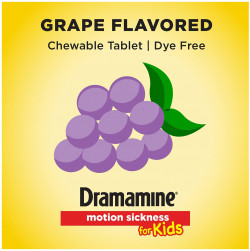 Dramamine Motion Sickness for Kids, Chewable, Dye Free, Grape Flavored, 8 Count