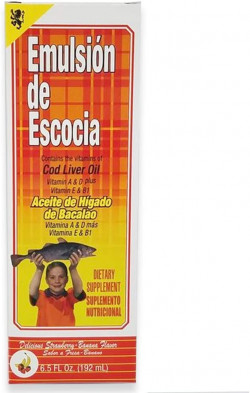 Emulsion de Escocia. Aceite de hígado de bacalao Suplemento dietético. Rico en vitaminas A, D, E y B1. Sabor de fresa y plátano. 6.5 fl oz. Paquete de 3