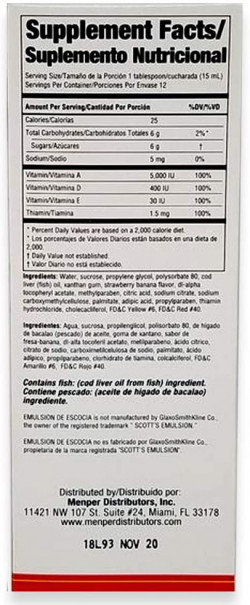 Emulsion de Escocia. Aceite de hígado de bacalao Suplemento dietético. Rico en vitaminas A, D, E y B1. Sabor de fresa y plátano. 6.5 fl oz. Paquete de 3