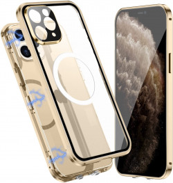Jonwelsy Case For IPhone 11 Pro Max, Compatible With Magsafe 360 Degree Full Body Protection Case Magnetic Attraction Metal Bumper+Front Glass+PC Back Cover For IPhone 11 Pro Max (6.5 Inch) (Gold)