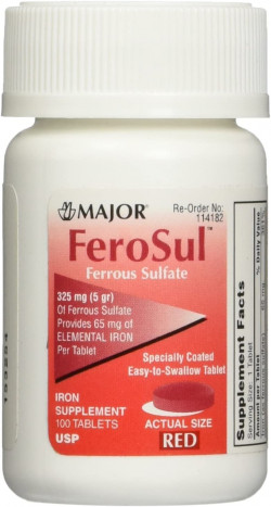 Major FeroSul Ferrous Sulfate 325mg, 100 Iron Supplement Tablets Each