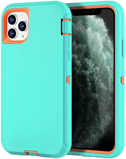 NIAFEYA For IPhone 11 Pro Max Case For Women Men Protective Defender Case Heavy Duty Full Body Protection Cover Soft Sillicone Hard PC Rugged Shockproof 3 Layer Bumper 6.5 Inches (Mint Green/Orange)