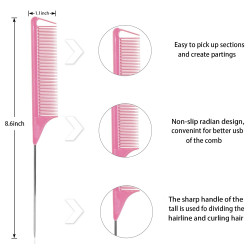 Rat Tail Combs Parting Comb: 3Pcs Rat Tail Comb Set, Long Steel Pin Rat Tail Teasing Comb, Hair Combs for Salon Hair Stylist, Tail Combs Metal ,Parting Combs for Women(Purple|Black|Pink)