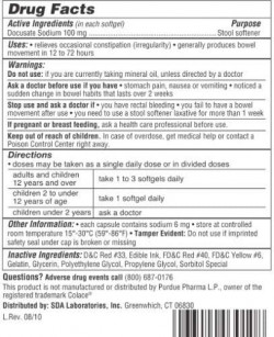 SDA Laboratories Stool Softener Docusate Sodium Supplement, 100 mg, 100 softgel