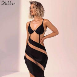 Sexy Hot Patchwork Mesh See-Through Spaghetti Strap Skinny Dress For Women 2020 Fashion Club Party Bodycon Dresses Mujer