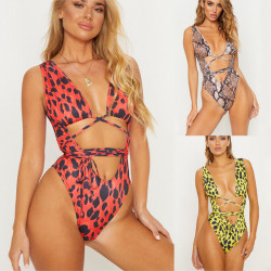 Summer New Sexy Women One Piece Serpentine Leopard Printed Monokini Bandage Bathing Suit Push Up Padded Bikini Swimsuit Swimwear