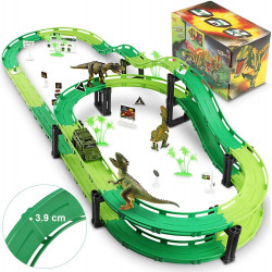 Vimzone Dinosaur Toys, Dinosaur World Road Race Car Track Set, Flexible Track Playset with 1 Car and 3 Dinosaurs Toys for 3 4 5 6 Year Up Old boy Girls Gift