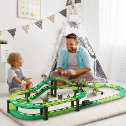 Vimzone Dinosaur Toys, Dinosaur World Road Race Car Track Set, Flexible Track Playset with 1 Car and 3 Dinosaurs Toys for 3 4 5 6 Year Up Old boy Girls Gift