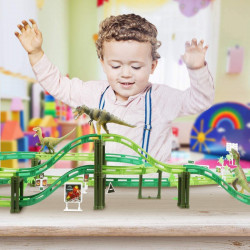 Vimzone Dinosaur Toys, Dinosaur World Road Race Car Track Set, Flexible Track Playset with 1 Car and 3 Dinosaurs Toys for 3 4 5 6 Year Up Old boy Girls Gift